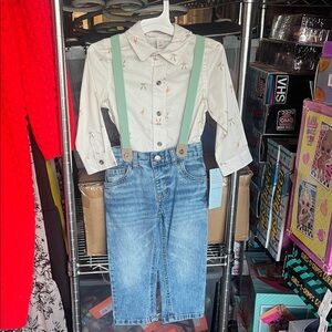 Boys Easter outfit Button-Up Shirt with Suspenders and Light Blue Jeans size 2T